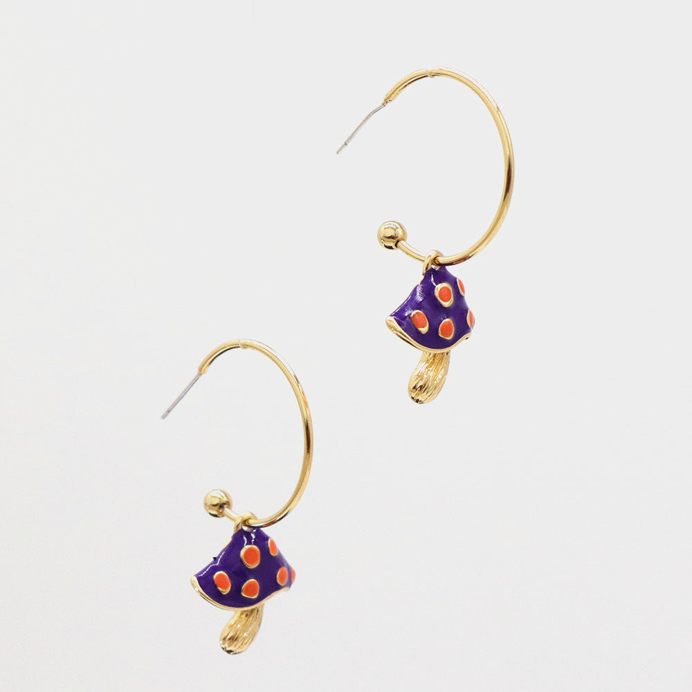 Grace1451 Mushroom C-shaped earrings Hand-painted enamel - Grace1451 Enamel Jewellery