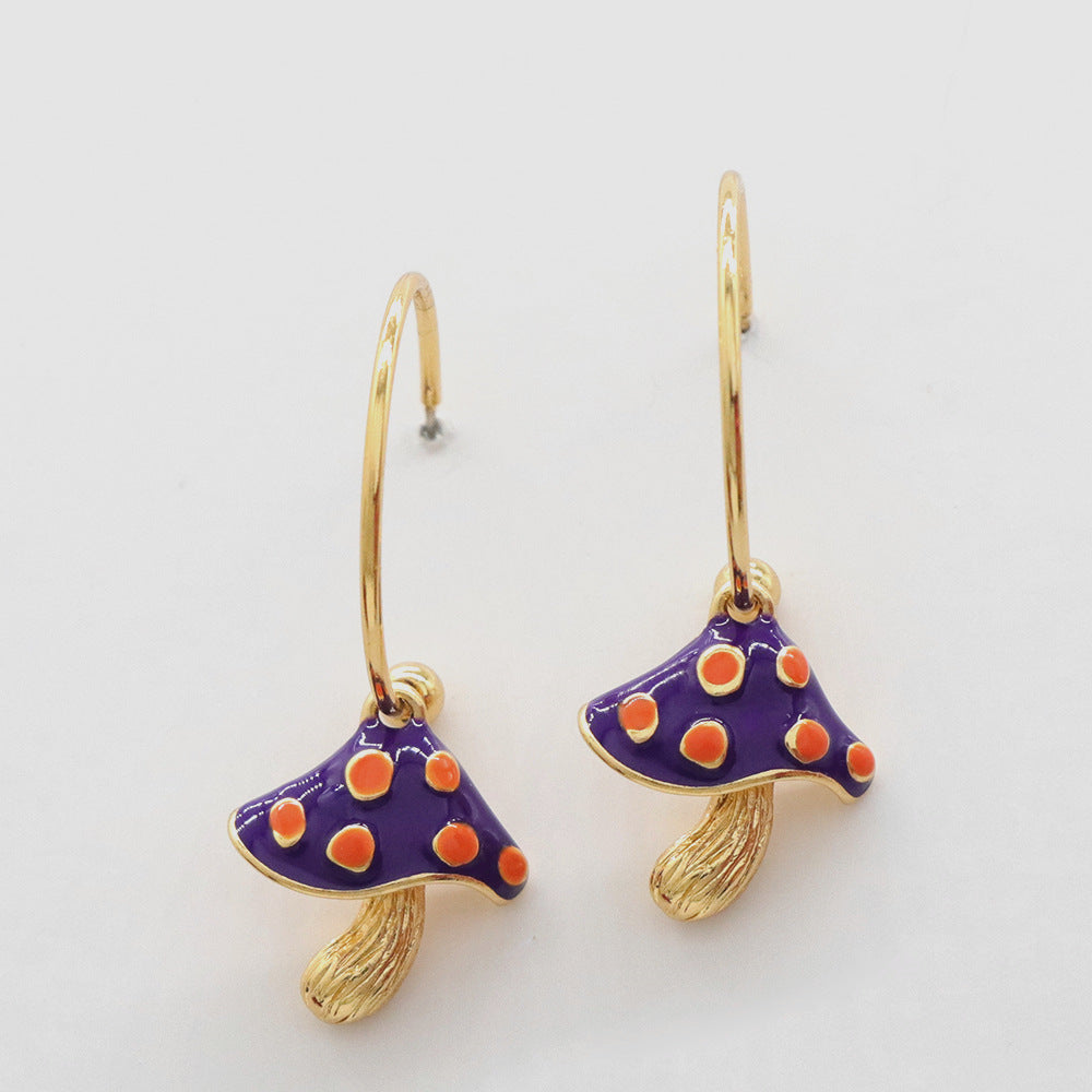Grace1451 Mushroom C-shaped earrings Hand-painted enamel - Grace1451 Enamel Jewellery