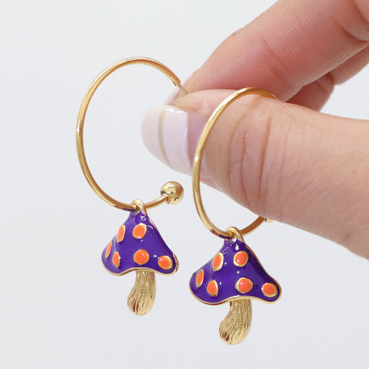 Grace1451 Mushroom C-shaped earrings Hand-painted enamel - Grace1451 Enamel Jewellery